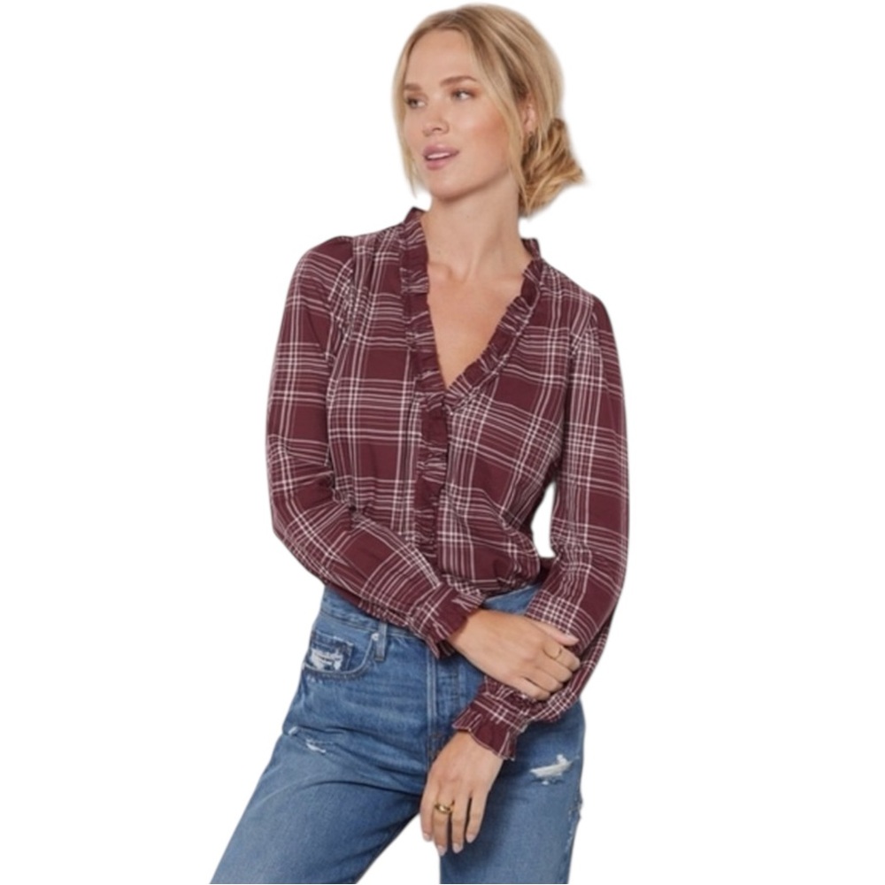 EVEREVE Lillian Plaid Ruffle Button Down Shirt Maroon Size Small—NWOT - Picture 2 of 7